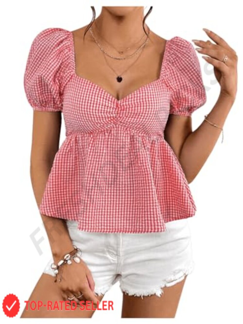 Puff Sleeve Plaid Gingham Ruffle Sweetheart Neck Peplum Blouse